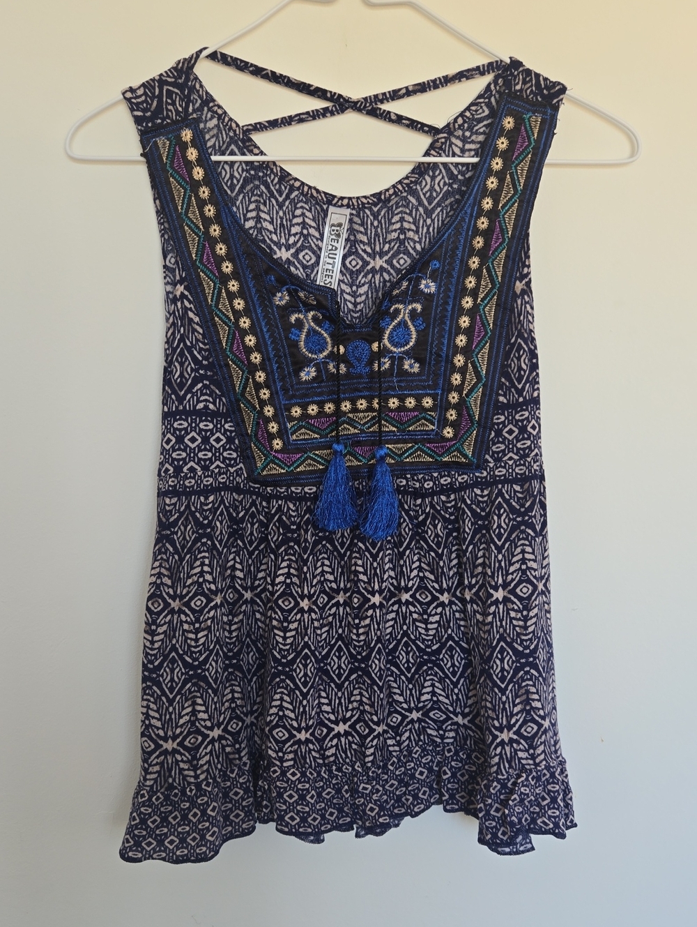 Beautees Navy Blue Embroidered Tassel Tank Top